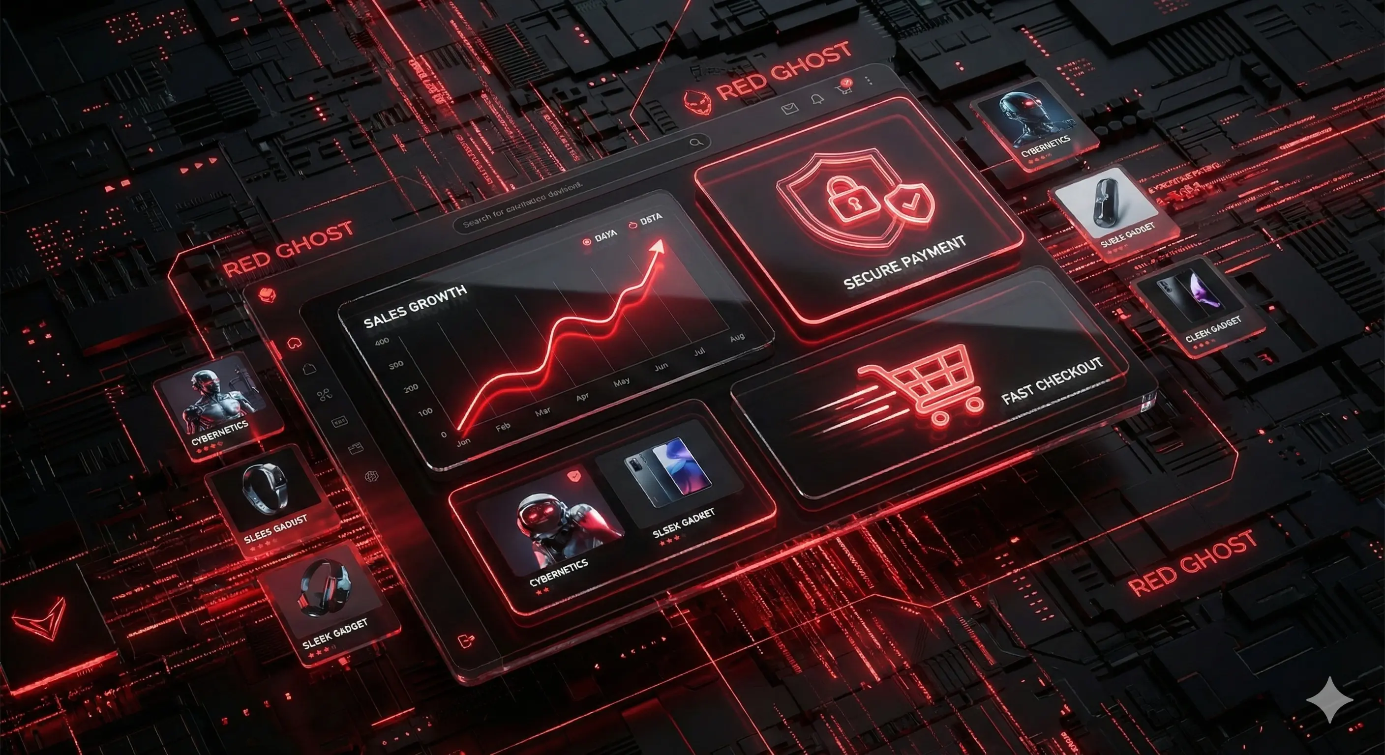 איור של מסך עם אלמנטים של אתר חנות על רקע עתידני בשחור ואדום