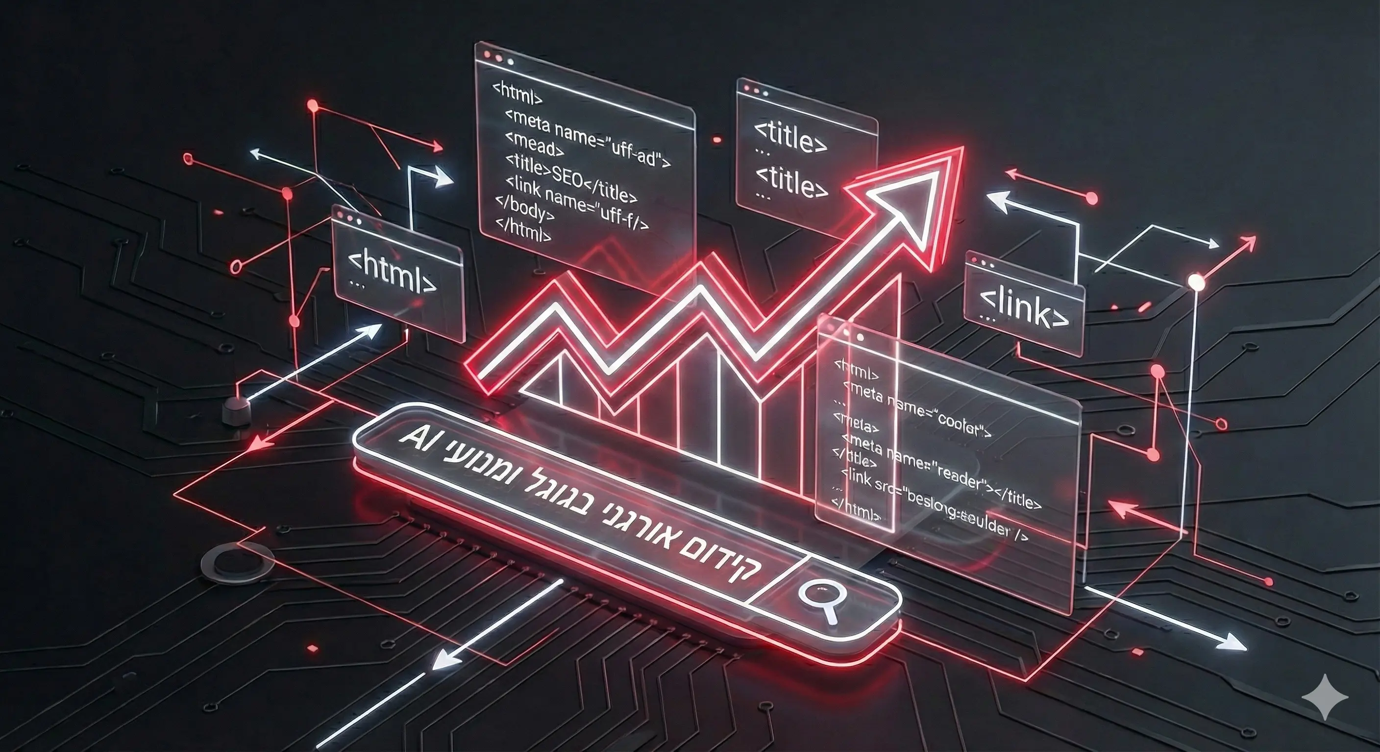 שדה חיפוש עם הטקסט קידום אורגני בגוגל ומנועי AI על רקע של מסכי מחשב עם קוד תוכנה על רקע עתידני בצבע אדום