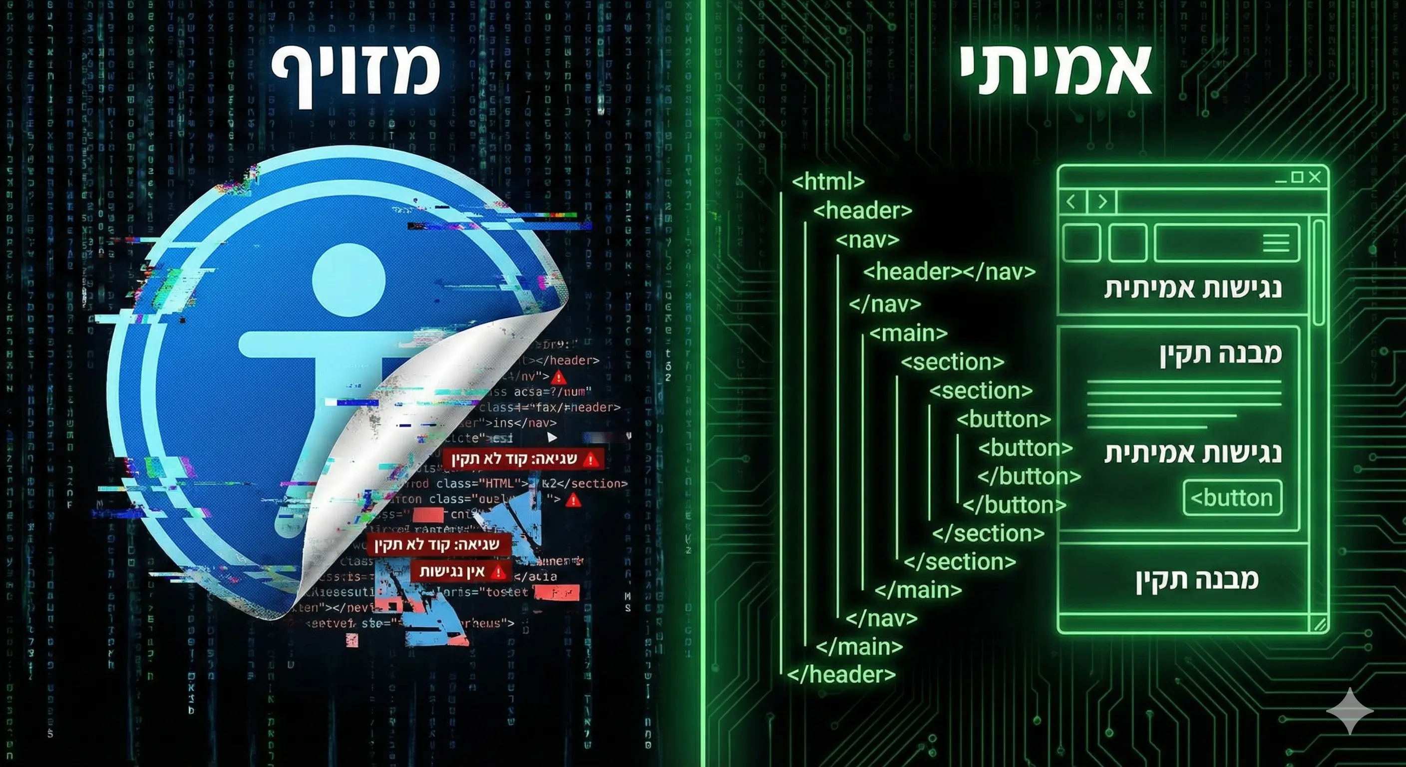 תמונה מחולקת ל2, המציגה נגישות מזויפת עם תמונה של תוסף נגישות מתקלף ומאחוריו המון שגיאות ותקלות ובצד השני נגישות אמיתית עם מבנה HTML תקין ואיור של עמוד באתר אינטרנט עם טקסט של מבנה תקין